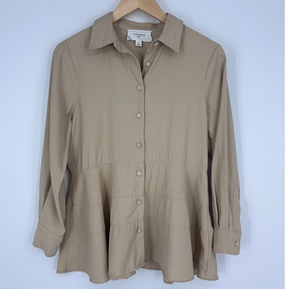 Pomander Place Ashlen Peplum Blouse‎ Womens S Tan Tiered Button Down Tuckernuck